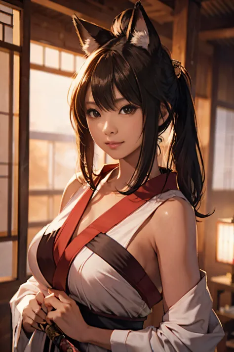 fox incarnation、Sexy Female Warrior、Japan Yokai、Sexy fox female warrior with a Japanese sword、Fox ears、A figure holding a beauti...