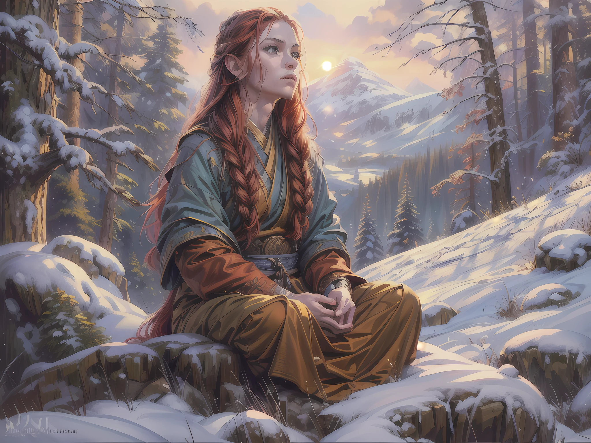 fantasy art, photorealistic, D&D art, larry elmore style, magv1ll, a picture of a female monk sitting cross-legged and meditating on a snowy mountain, on top of a snowy mountain there is a human woman monk wearing monk garbs, meditating near a bonfire (best details, Masterpiece, best quality :1.5) in a snowy forest (best details, Masterpiece, best quality :1.5), red hair, long hair, full body (best details, Masterpiece, best quality :1.5), ultra detailed face (best details, Masterpiece, best quality :1.5), ultra feminine (best details, Masterpiece, best quality :1.5), exquisite beautiful (best details, Masterpiece, best quality :1.5) red hair, long hair, braided hair, pale skin, blue eyes, intense eyes, ultra best realistic, best details, best quality, 16k, [ultra detailed], masterpiece, best quality, (extremely detailed), ultra wide shot, photorealism, depth of field, hyper realistic painting, 3D rendering