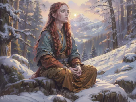 fantasy art, photorealistic, D&D art, larry elmore style, magv1ll, a picture of a female monk sitting cross-legged and meditatin...
