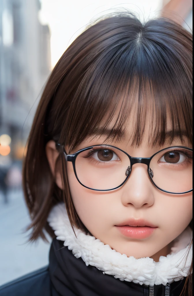one girl, (a beauty girl, delicate girl:1.3), (16 years old:1.3),
break, (winter clothes:1.3),
break, (street view:1.3), (glasses), perfectly trimmed fingers,
break, very fine eye definition, (symmetrical eyes:1.3),
break, small breasts, brown eyes, parted bangs, brown hair,  girl,
break, (eyes and faces with detailed:1.0), (close up to face, zoom in face, face focus:1.0),
break, (masterpiece, best quality, ultra detailed, detailed face, 8k)