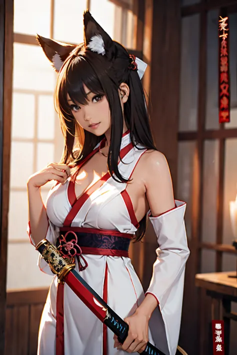 fox incarnation、Sexy Female Warrior、Japan Yokai、Sexy fox female warrior with a Japanese sword、Fox ears、A figure holding a beauti...