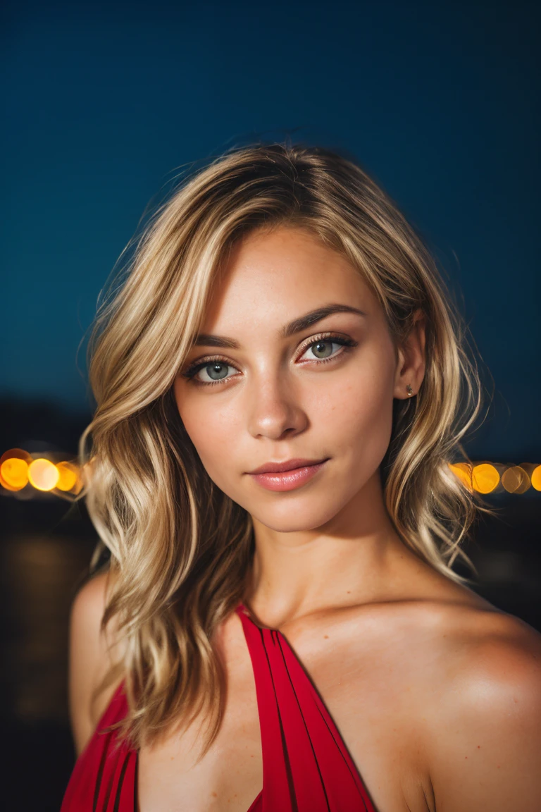 RAW uhd gros plan portrait d&#39;une blonde de 24 ans, natural blonde cheveux, serrures, ondulé, (femme aux yeux marrons) dans un appartement, fond de new york, ciel étoilé de nuit, ,seins naturels_b, fond de nuit de la ville, (robe d&#39;été rouge), (encolure), détaillé (textures!, cheveux!, luminosité, couleur!, imperfections:1.1), highly détaillé bright eyes, (En regardant la caméra),  éclairage spéculaire, reflex numérique, ultra qualité, pointu focus, pointu, DOF, grain de film, (centré), Fujifilm XT3, clair comme de l&#39;eau de roche, Centre du cadre, visage mignon, pointu focus, lampadaire, néons, bokeh, (faiblement éclairé), discret, la nuit, (ciel de nuit)