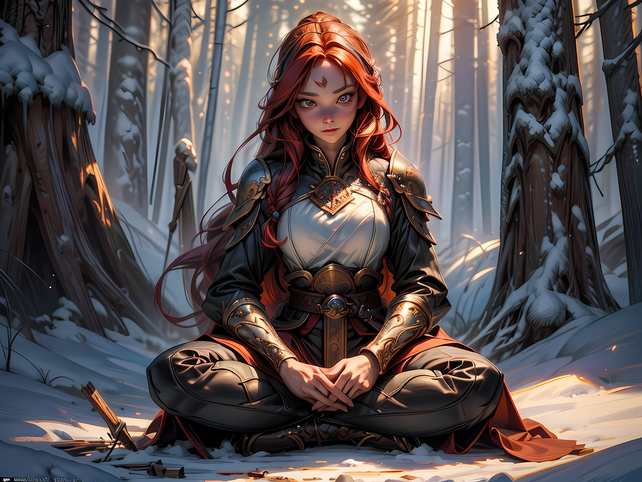 ファンタジーアート, 写実的な, d&d art, ラリー・エルモアスタイル, a picture of a female monk sitting cross-legged and meditating 雪の森で, 僧服を着た人間の女性僧侶がいる, 焚き火のそばで瞑想する青い火 (最高の詳細, 傑作, 最高品質 :1.5) 雪の森で (最高の詳細, 傑作, 最高品質 :1.5), 赤毛, 長い髪, 全身 (最高の詳細, 傑作, 最高品質 :1.5), 超詳細 face (最高の詳細, 傑作, 最高品質 :1.5), 超女性的 (最高の詳細, 傑作, 最高品質 :1.5), 絶妙な美しい (最高の詳細, 傑作, 最高品質 :1.5) 赤毛, 長い髪, 編み髪, 青白い肌, 青い目, 強い目, 超最高のリアル, 最高の詳細, 最高品質, 16K, [超詳細], 傑作, 最高品質, (非常に詳細な), 超ワイドショット, フォトリアリズム, 被写界深度, 超写実的な絵画, 3d rendering