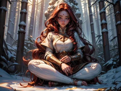 fantasy art, photorealistic, D&D art, larry elmore style, a picture of a female monk sitting cross-legged and meditating in a sn...