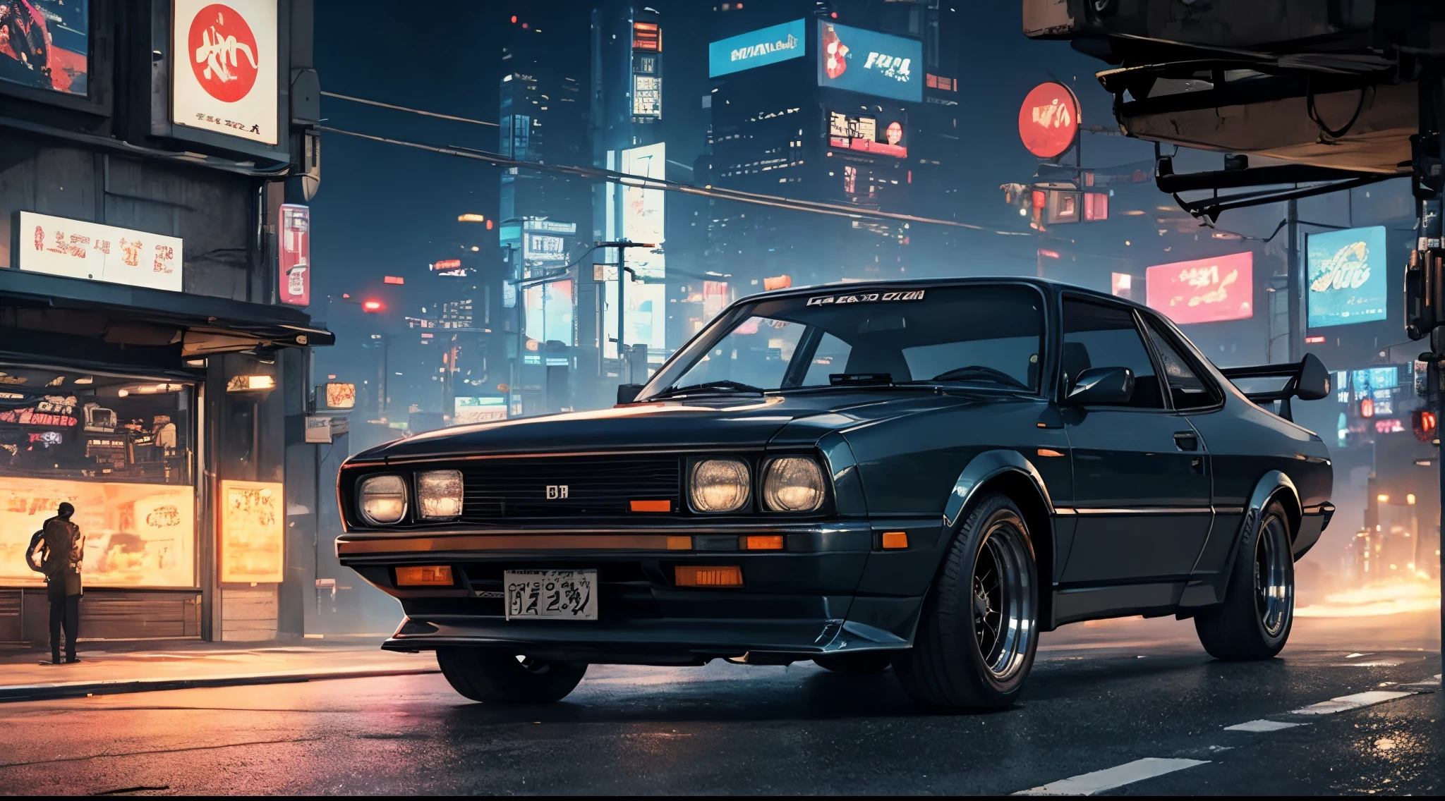 realistic, best quality,  hyoon,  vintage car, sedan, AE62, Trueno, in modern time, cyberpunk