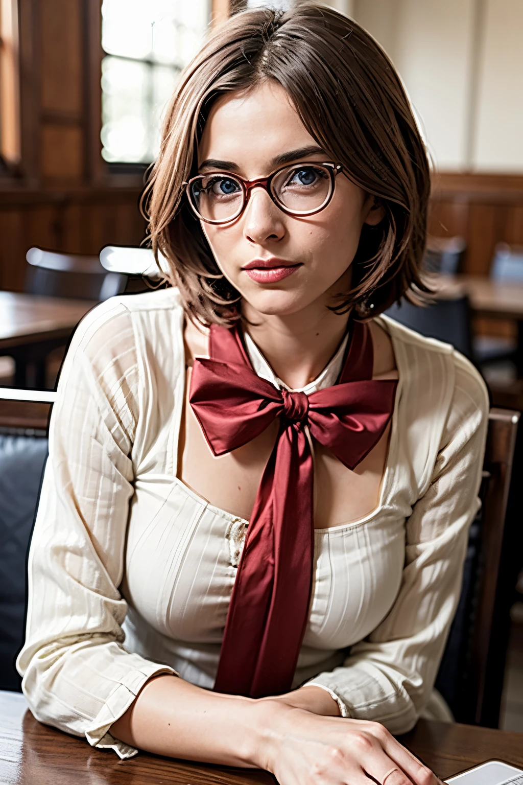 A photo of a young, nerdy woman sitting in a caf, wearing a white shirt and a bow, surrounded by a cozy atmosphere, looking at the viewer.
short hair, slender, red lips, transparent fabric, flirting with the camera