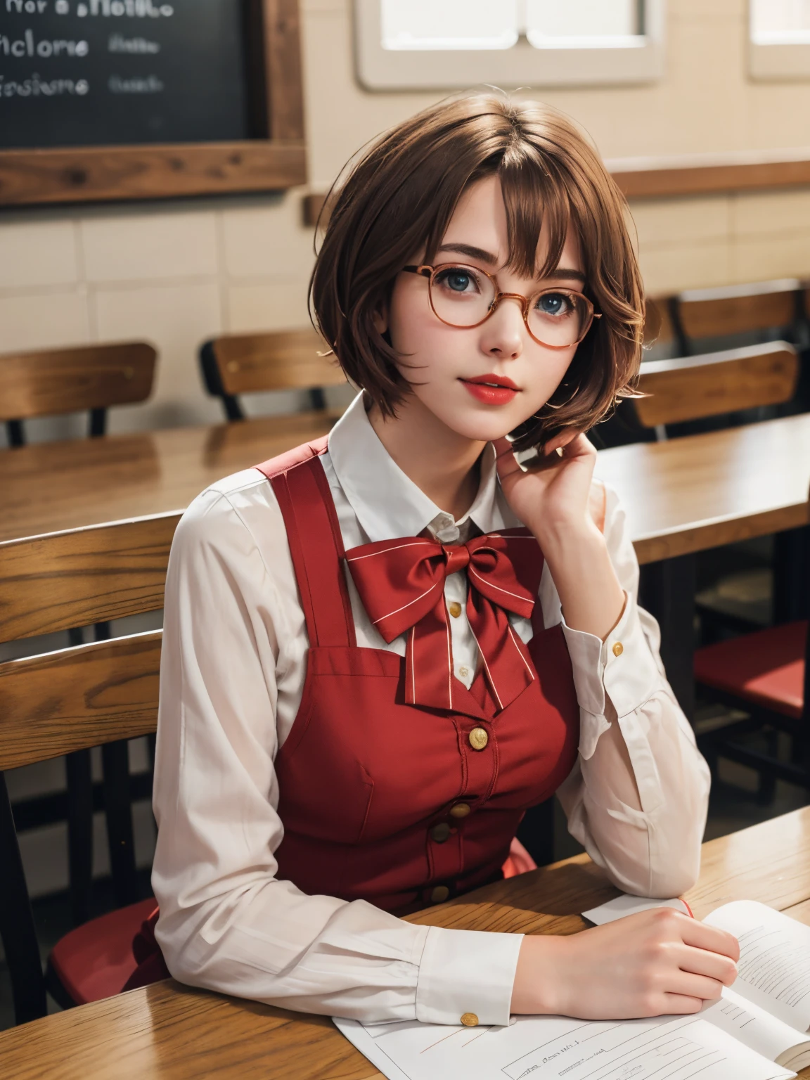 A photo of a young, nerdy woman sitting in a caf, wearing a white shirt and a bow, surrounded by a cozy atmosphere, looking at the viewer. short hair, slender, red lips, transparent fabric, flirting with the camera