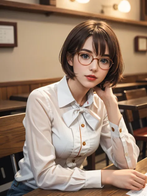 A photo of a young, nerdy woman sitting in a caf, wearing a white shirt and a bow, surrounded by a cozy atmosphere, looking at t...