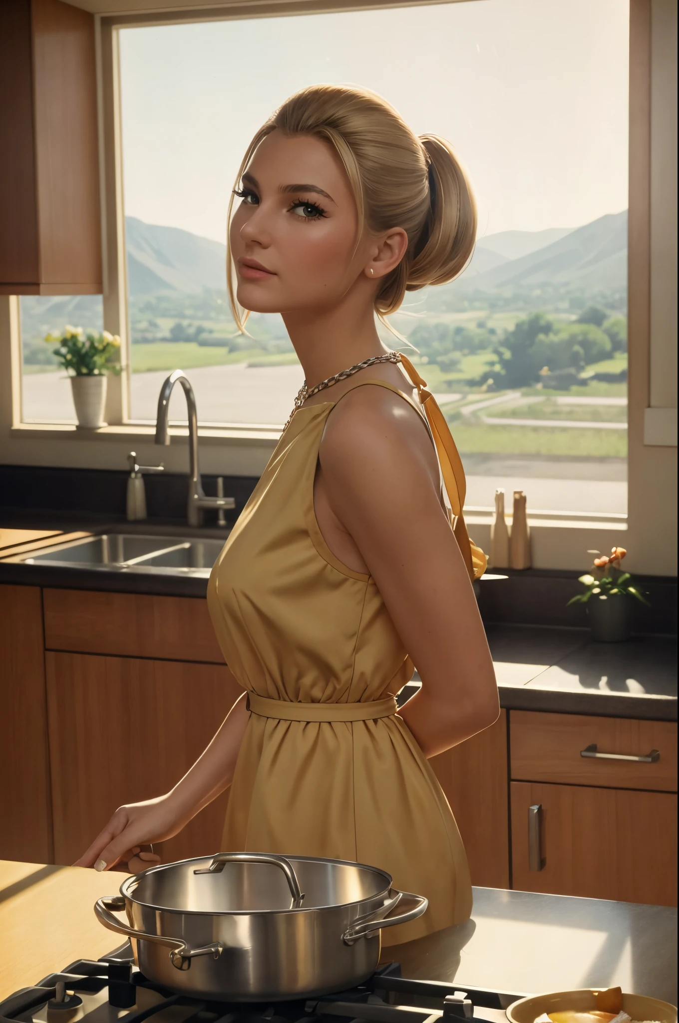 Low angle shot, an athletic honey blonde, wearing a vintage 1960s minidress and chain belt, SixtiesHighFashion, 1960s hairstyle, medium breasts, not exposed, cooking, food pots on a stove in a sunny ((1960s kitchen)), looking away from viewer, beautiful view out the windows, 8 k sensual lighting, warm lighting, 4k extremely photorealistic, cgsociety uhd 4k highly detailed, trending on cgstation