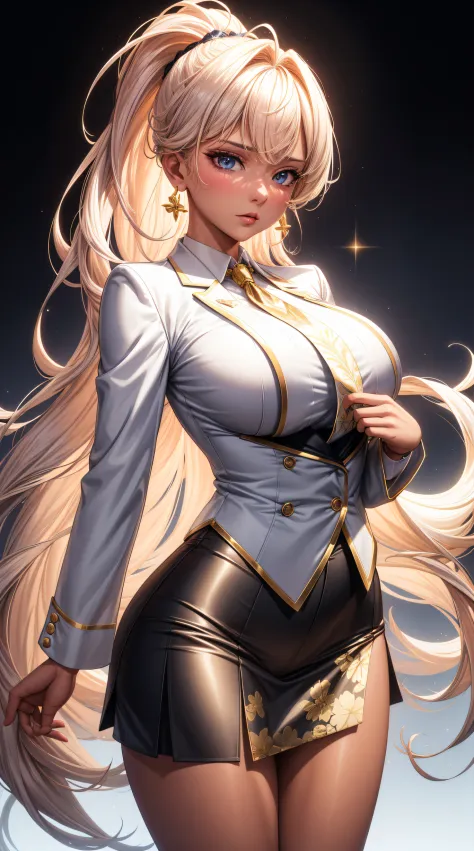 (best quality:1.5, highres, UHD, 4K, detailed lighting, shaders), gold floral haired, gradient hair, large breasts, suit, gray s...