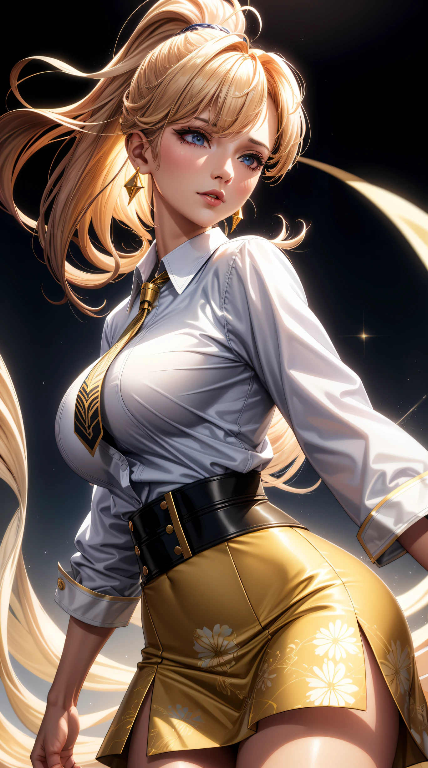 (best quality:1.5, highres, UHD, 4K, detailed lighting, shaders), gold floral haired, gradient hair, large breasts, suit, gray shirt, social shirt, short skirt, mature woman , (pov), white background, colorful eyeshadow, dramatic lighting, sparkling eyes, sensual expression, golden earrings, flowing hair, delicate facial features, dark skin, high cheekbones, urban setting, white background, dont look for the camera, lean forward,  behind  the camera