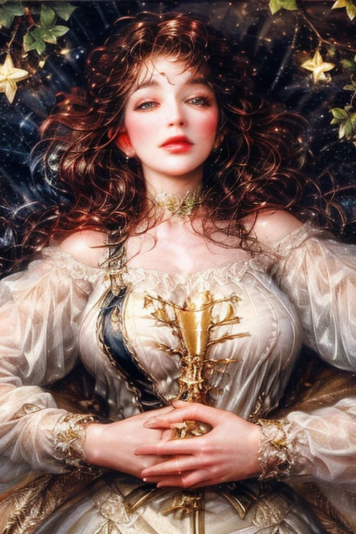 Design a vintage-style Christmas card featuring Kate Bush, reminiscent of Victorian-era Christmas cards from the 19th century. The design should capture the essence of her song 'December Will Be Magic Again' and take inspiration from a famous photograph by Gered Mankowitz and a rare magazine photoshoot picture (photographer unknown).like snowy landscapes, candles, or festive decorations in the background