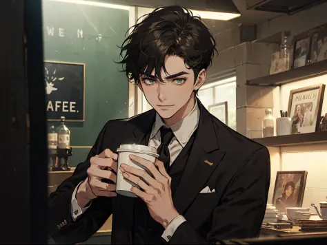 ((One young man with a black suit and tie)), alejandro, (((one side swept dark short neat hair))), (dark green eyes and thick ey...