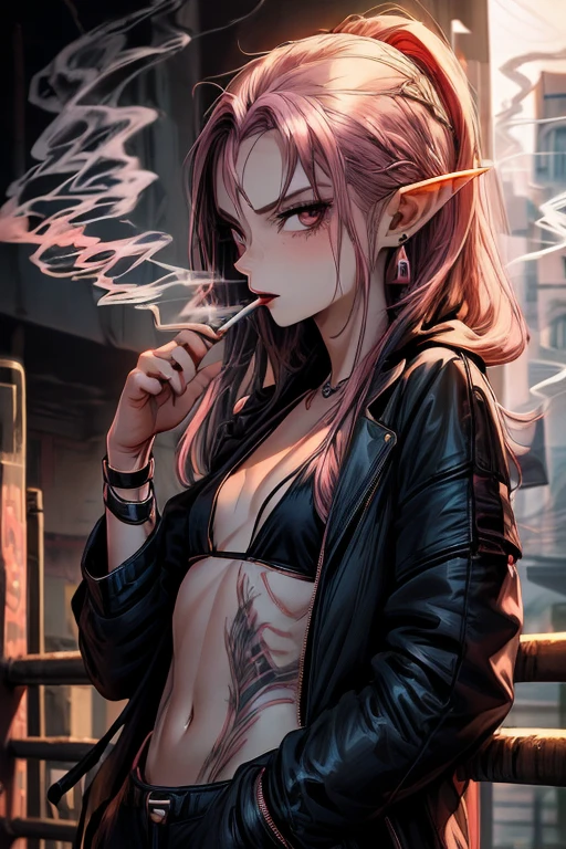 1girl, (smoke), ((smoking)), ((((black jacket)))), (((pink hair))), elf, flat,((((small chest)))), ((((flat chest)))), ((((small breasts)))), ((((flat breasts)))), lips, lipstick, (((long stray hair))), looking at viewer, makeup, pointy ears, red lips, solo, upper body