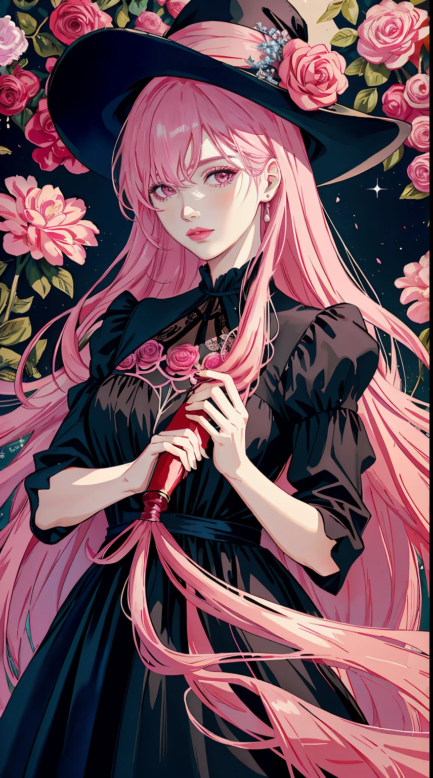 Middle Aged Woman，long pink hair, reddish-pink lips，in a black velvet dress, woman holding a flower in her hand, with frozen flowers around her, Dreamy atmosphere and drama, Holding the magic color in your hands,