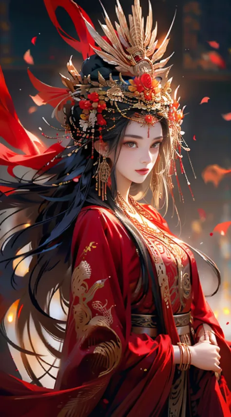 1个Giant Breast Girl, Alone, long whitr hair, petals, falling flower petals, jewely, a skirt, hair adornments, Red dress, Chinese...