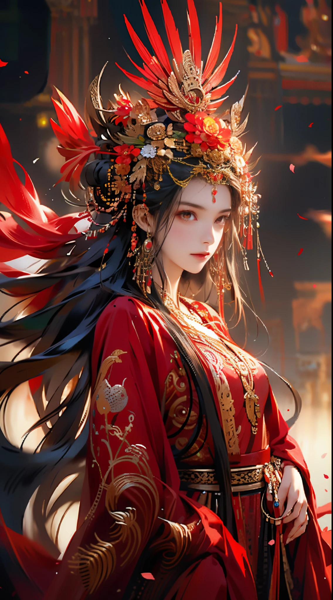 1个Giant Breast Girl, Alone, long whitr hair, petals, falling flower petals, jewely, a skirt, hair adornments, Red dress, Chinese clothes, brunette color hair, bangle, longer sleeves, red eyes, woven, Forehead imprints, Keep your mouth shut, looking at viewert, facial marks smile,pretty  face,exquisite facial features,