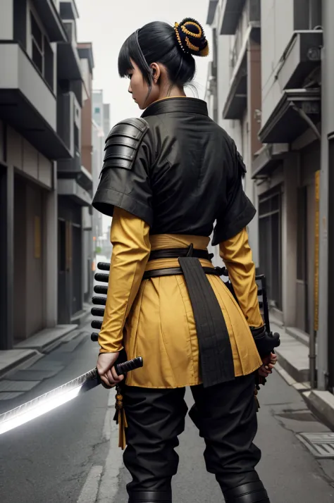 1 girl, ((Full body)), (yellow bodysuit), (((samurai sword))), gloves, tactical, (black hair), high resolution, sharp image, fro...
