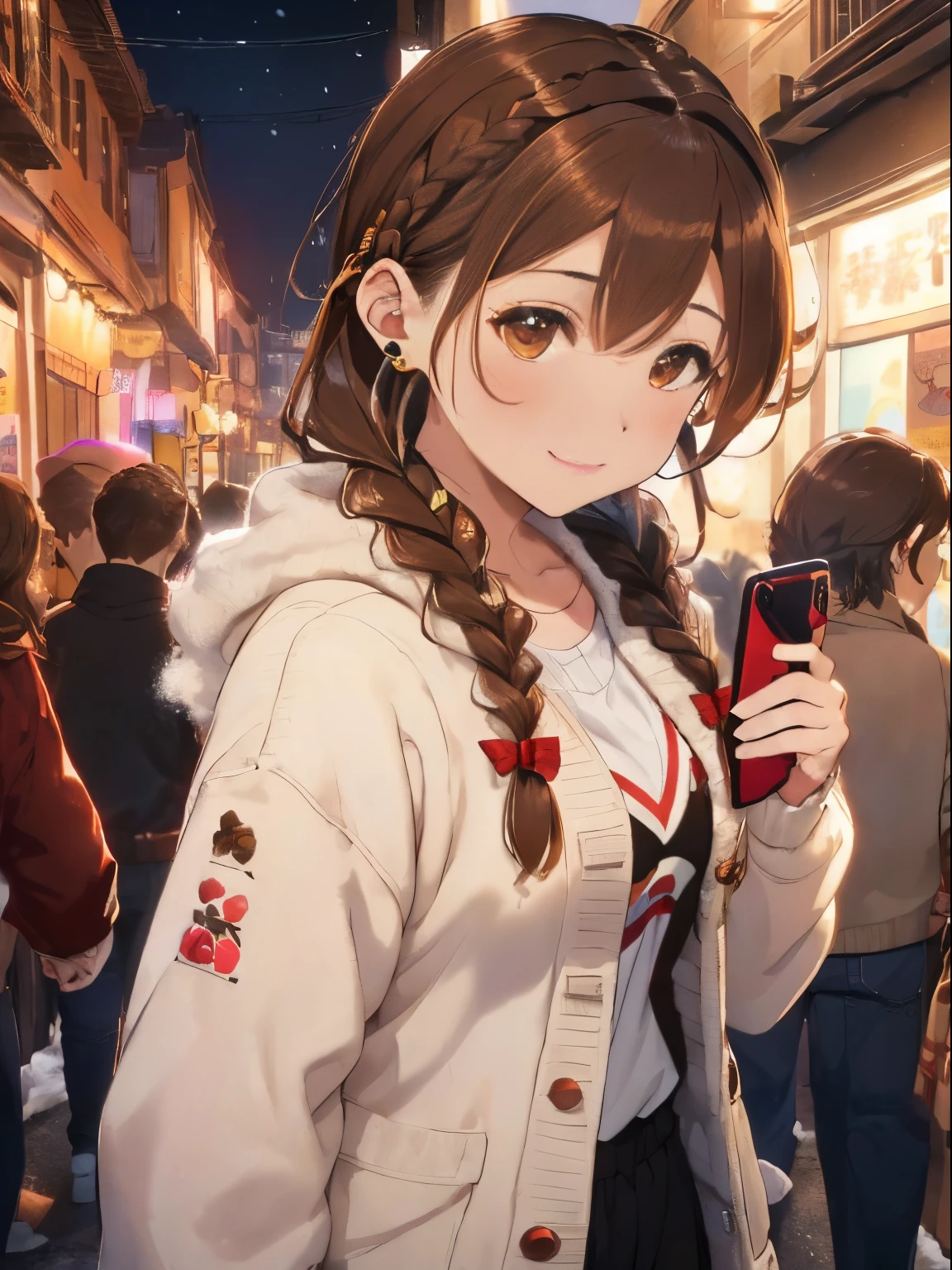 (fluffy hair),((Brown hair)),((Braided shorthair)),(Brown eyes),Slight red tide,((Holding a smartphone in your hand)),((Turn on your headphones and listen to music)),Musical note marks are flying,(Colorful and lively atmosphere),A smile,(((Looking away))),((Winter Outfit)),