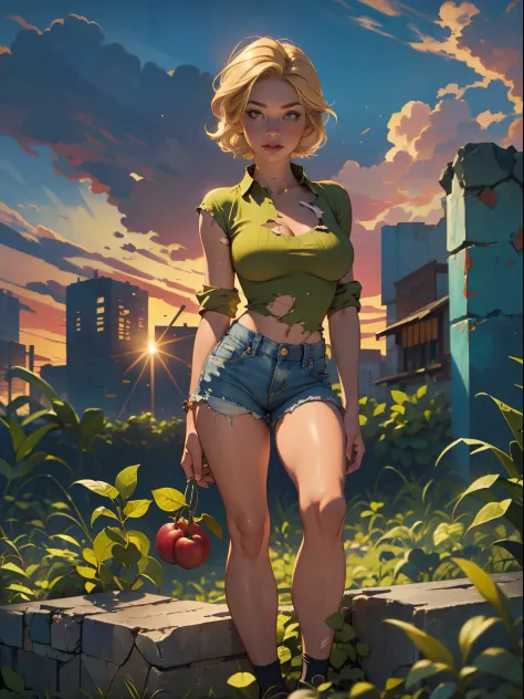 2076 year. the urban ruins of the wasteland, female huntress picking fruit in the garden, beautiful face, blonde, badly torn shi...