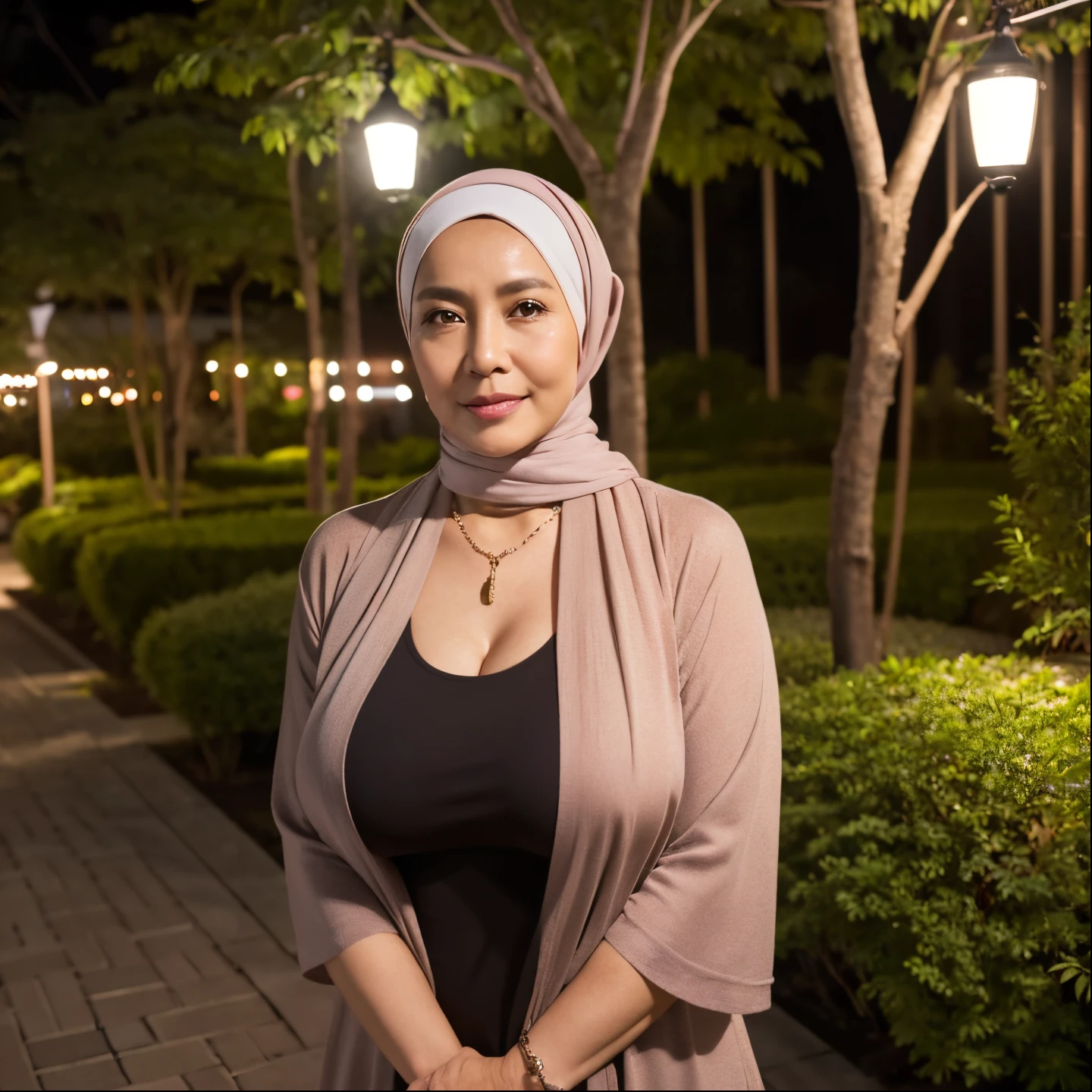 Woman in a black top and a pink scarf standing in a park - SeaArt AI