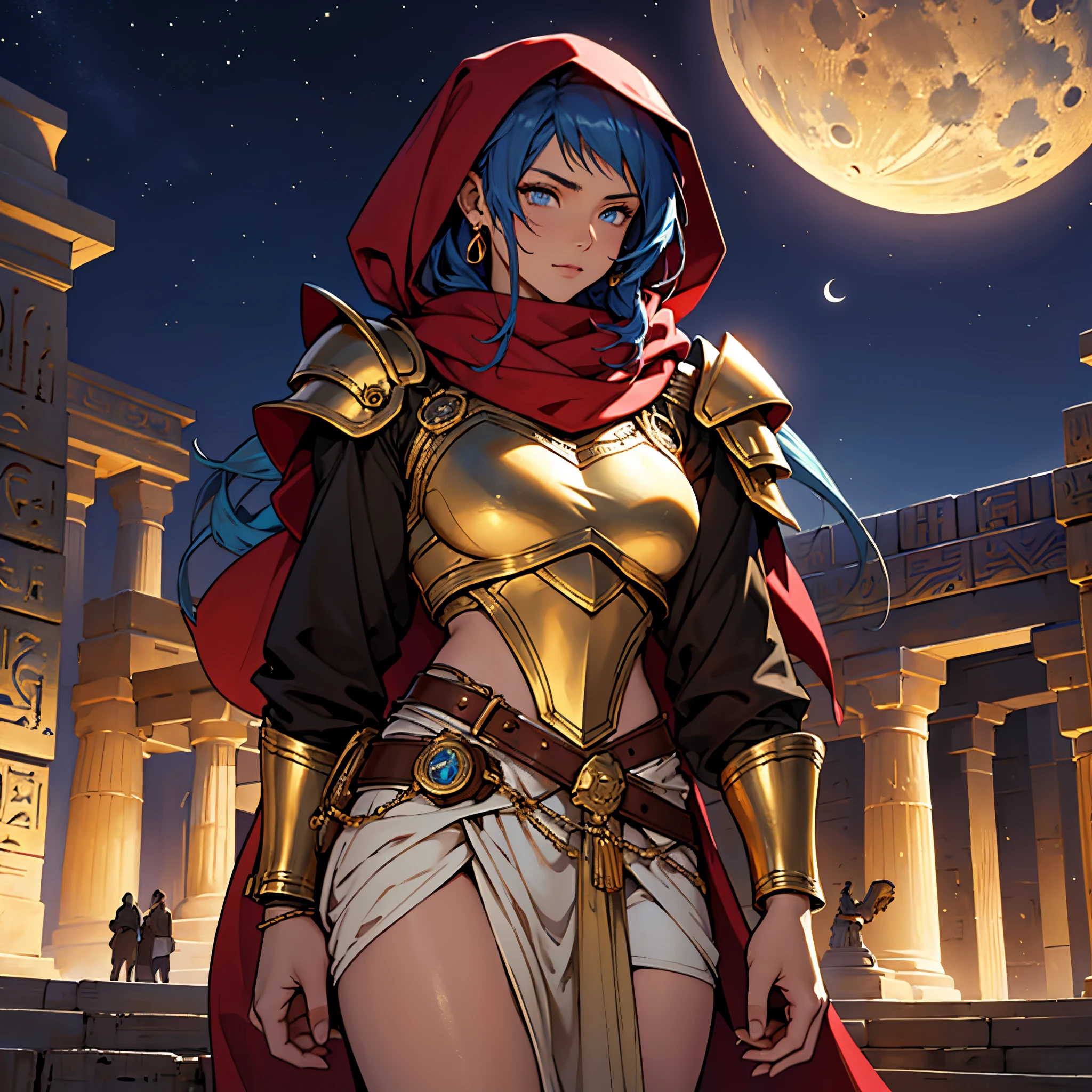 ​masterpiece, Best Quality, 4k, Very detailed, Background with: In front of egyptian temple stairs under the crescent moon in the desert night, Moroccan female warrior wearing Islamic golden armor, red hijab, Gold decoration,Blue Eyes, The perfect human body, Blue hair