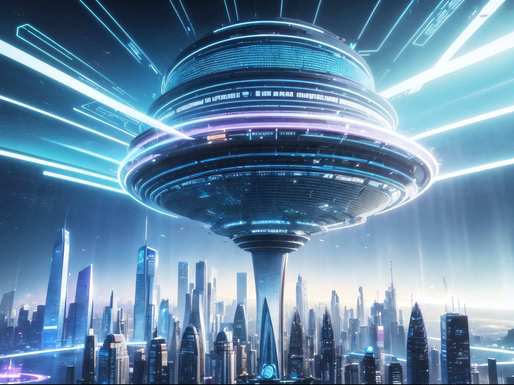 Visualize a futuristic cityscape where AI-generated music emanates from towering crystalline structures, creating a symphony of light and sound reminiscent of sci-fi artist Syd Mead's vibrant landscapes. enormous 