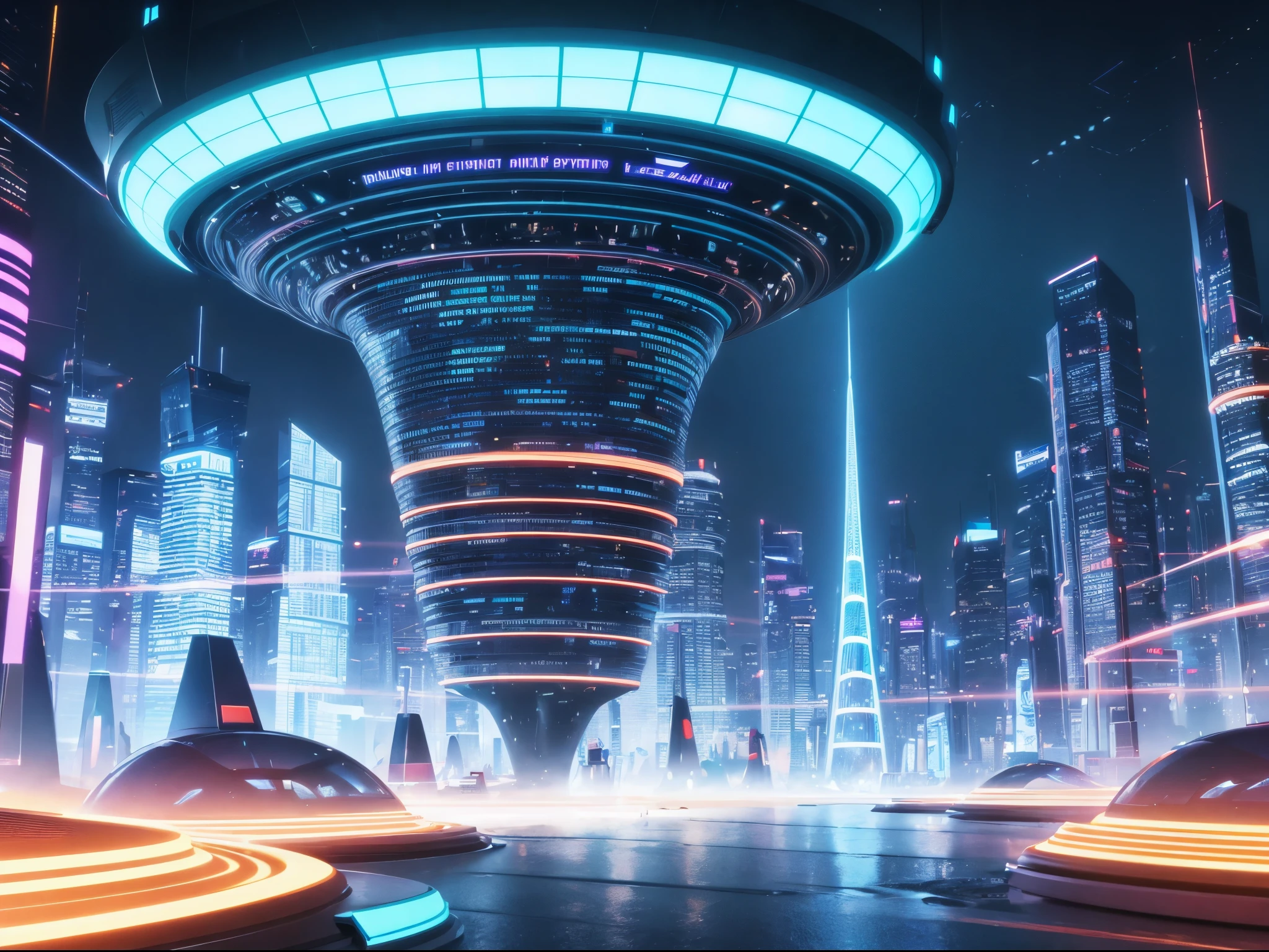 Visualisez un paysage urbain futuriste où la musique générée par l&#39;IA émane d&#39;imposantes structures cristallines, créant une symphonie de lumière et de son rappelant les paysages vibrants de l&#39;artiste de science-fiction Syd Mead. énorme 