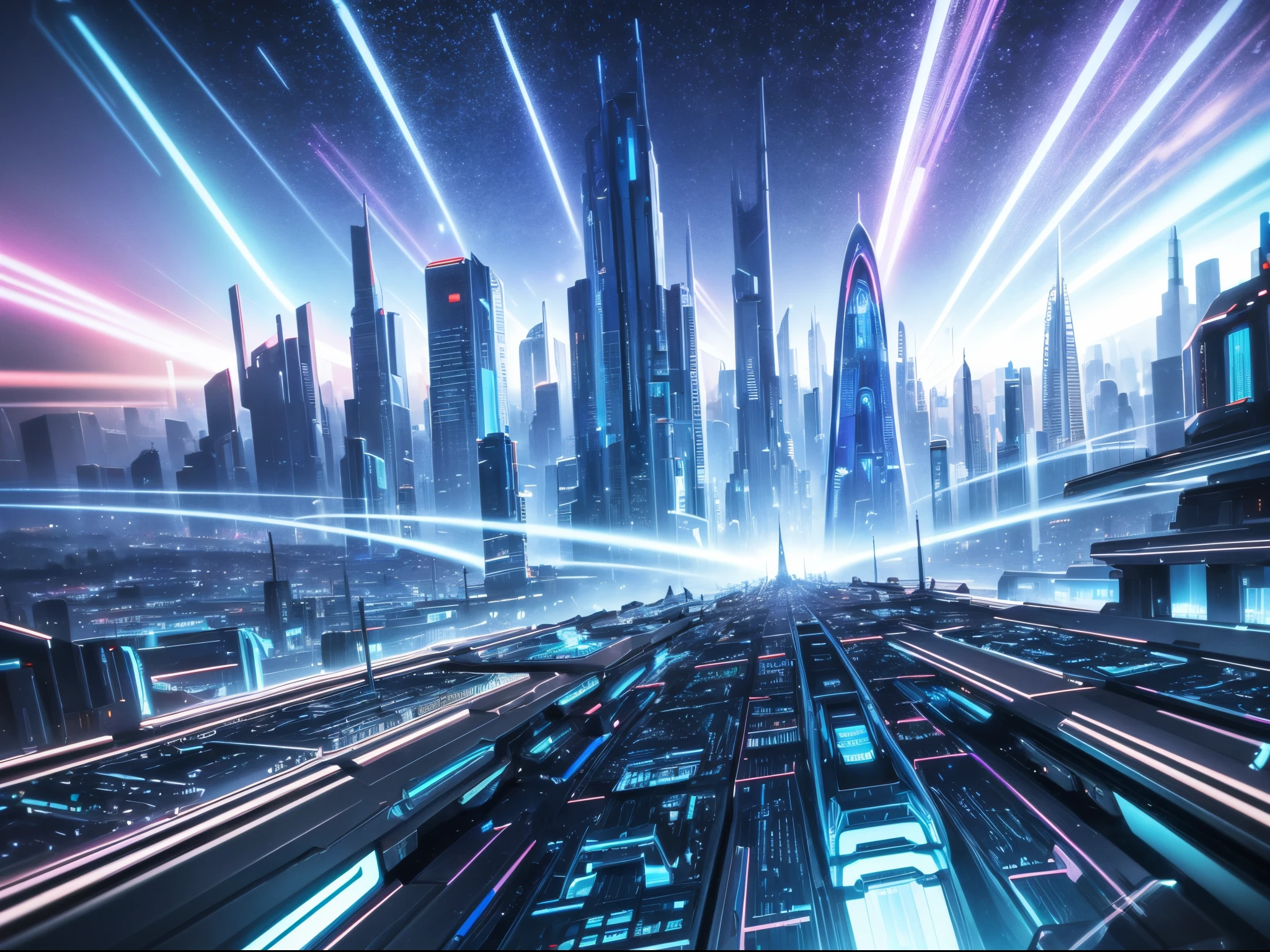 Visualice un paisaje urbano futurista donde la música generada por IA emana de imponentes estructuras cristalinas., creando una sinfonía de luz y sonido que recuerda a los vibrantes paisajes del artista de ciencia ficción Syd Mead.. enorme 