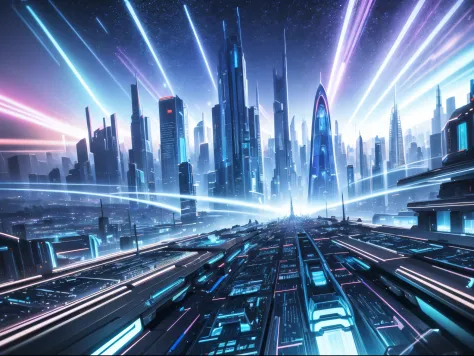 Visualize a futuristic cityscape where AI-generated music emanates from towering crystalline structures, creating a symphony of ...