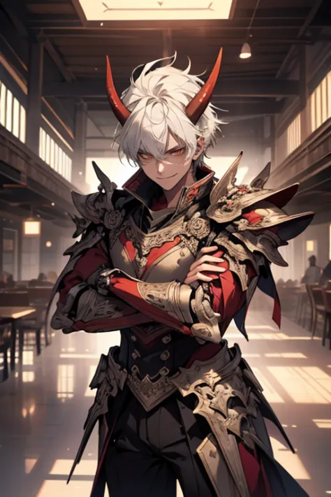 1 boy,Tall and handsome, perfect male body, oni, black horns, white hair, bright red skin, look up, look up at the camera, (Hold...