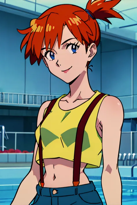((masterpiece,best quality)), absurdres, Misty_Pokemon, yellow crop top, sleeveless, suspenders, solo, smiling, looking at viewer, upper body shot,  side ponytail, holding pokeball, Pool, hand on hip, short dean shorts, blue eyes,orange hair,   evangelion ...