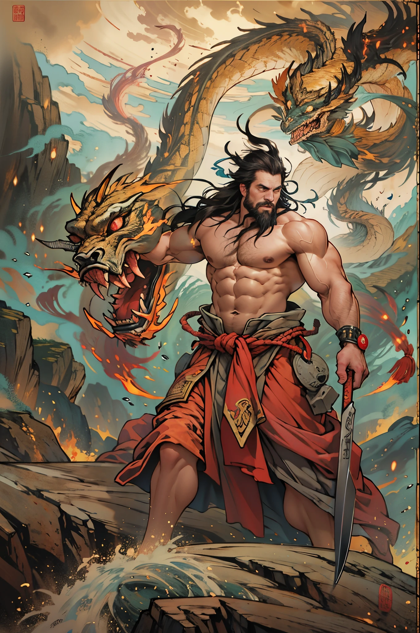 Depicts the ancient creative god，(((Pangu)))，God who created heaven and earth，（Chinese mythology）。，illuminations，（（（Robust man，big beard，（Burning hair：1.4），Wield a giant axe，Split the heavens and the earth，），Upper body exposed, ，Tall, well-proportioned figure，Strong body，thick mustache，strong muscle，）)，Deep background，hoang lap，marvelous and unbelievable，Epic work，(Complicated details，hyper-detailing:1.2)，ultra real photo, Epic reality, ((com cores neutras)),(pastel colour:1.2), hyper realisitc, + Cinema lenses + dynamic compositions, The is very detailed, Sharpen, Cinematic, warmly lit, Light effect, Dramatic light, (Complicated details:1.1), the complex background, (greg rutkovsky:0.8),Full body photo，standing on a hill，Chinese mythology，
