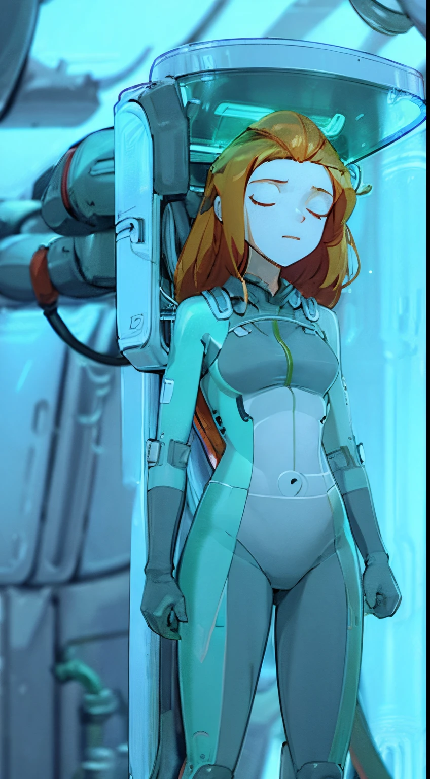 Samantha, unconscious, ginger hair, green spy suit, sleeping, wires hook on her body and head, blank look, inside a stasis chamber pod