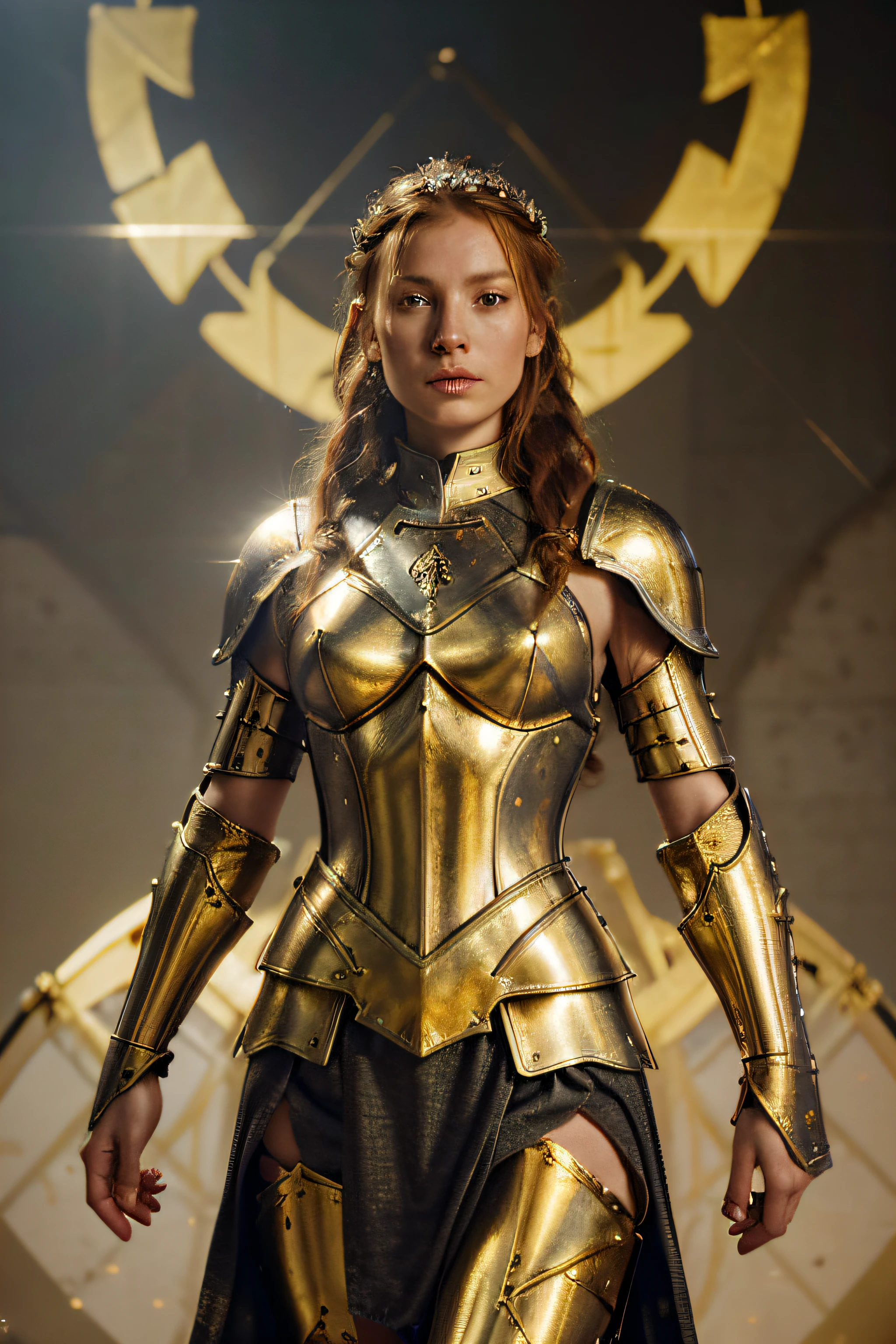 raw, skinny athletic northern European (full knight armor), (golden nimbus around head), (golden tiara), halo of golden light around head, red hair, full body shot, fighting posture, Dutch braided hair, perfect face, very pale skin, freckles, masterpiece, best quality, 4K