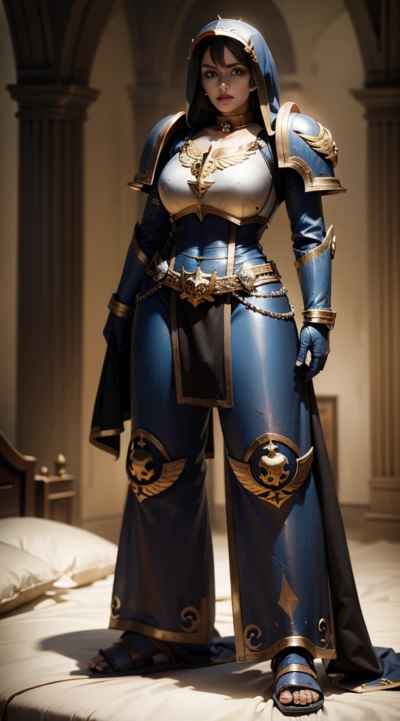 full body, barefoot, standing on bed, masterpiece, best quality, ultra-detailed, absurdres, warhummer 40000, adepta sororitas, girl, 1 person, beautiful face, a beautiful face, the perfect face, sister battle, warrior sororitas, nun, sister, armor, heavy armor, metal sandals, choker, hood, bracers, helmet