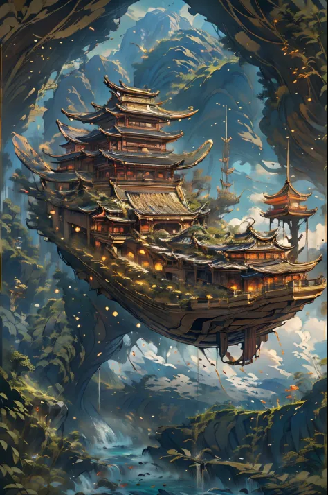 Asian style boat floating in the clouds, complex architectural style, Metal etherification, James' House, Interesting and comple...