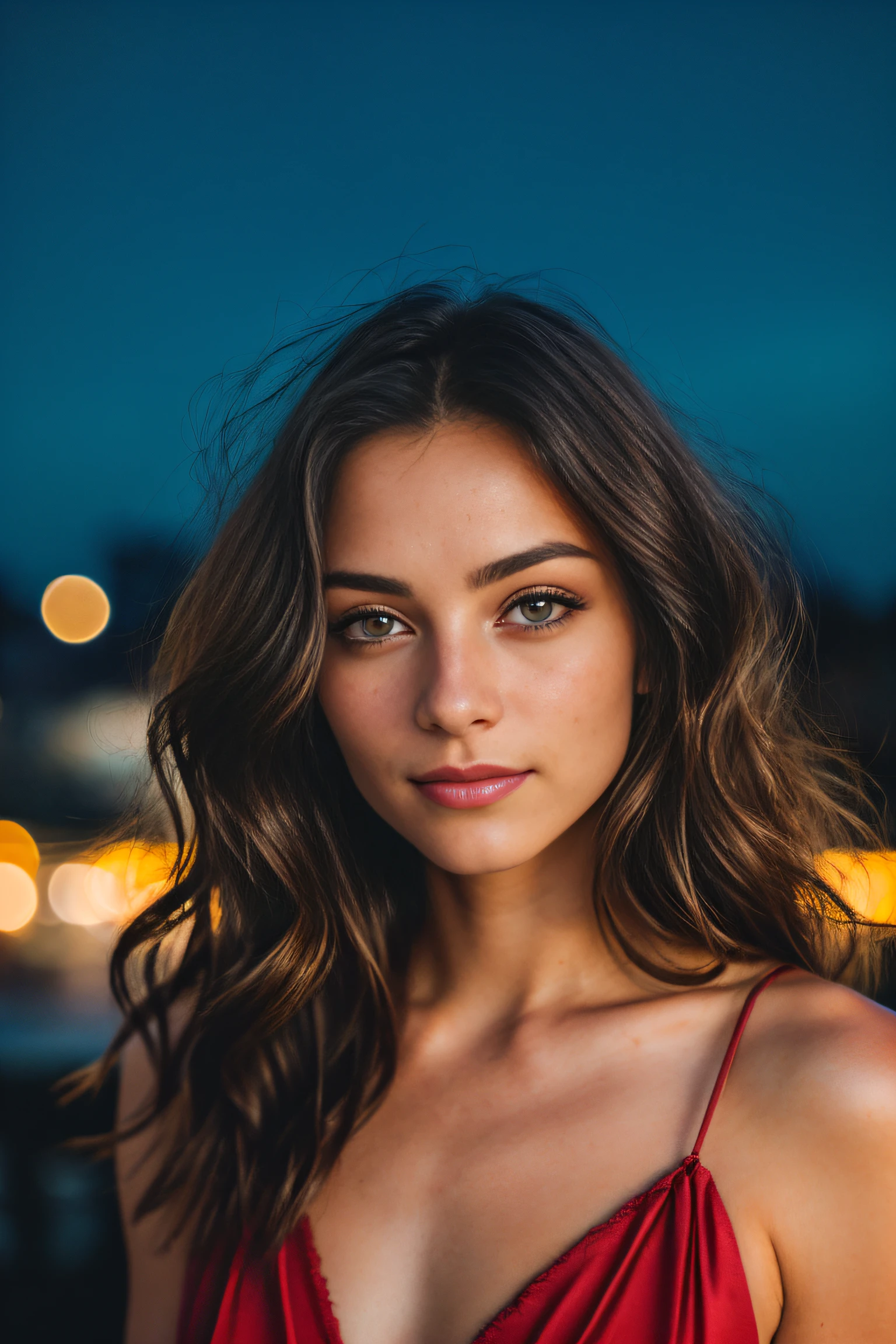 RAW uhd closeup portrait of a 24-year-old brunette, natural brunette hair, locks, wavy, (brown-eyed woman) in an apartment, new york background, night starry sky, ,breasts naturais_b, city night background, (red summer dress), (neckline), detailed (textures!, hair!, brightness, color!, imperfections:1.1), highly detailed bright eyes, (looking at the camera),  specular lighting, dslr, ultra quality, sharp focus, sharp, dof, film grain, (centered), Fujifilm XT3, crystal clear, center of frame, cute face, sharp focus, light pole, neon lights, bokeh, (dimly lit), low key, at night, (night sky)