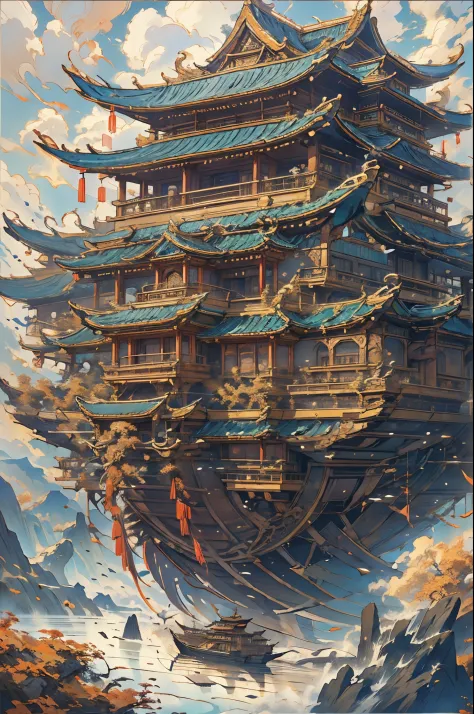 Asian style boat floating in the clouds, complex architectural style, Metal etherification, James' House, Interesting and comple...