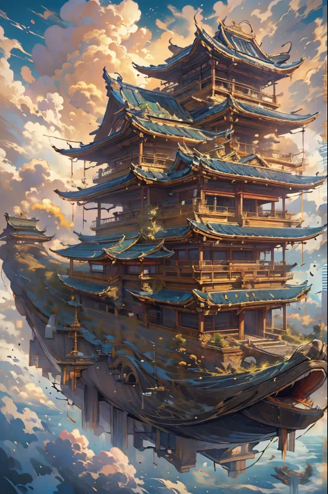 asian style boat floating in the clouds, complex architectural style, metal etherification, james' house, interesting and comple...