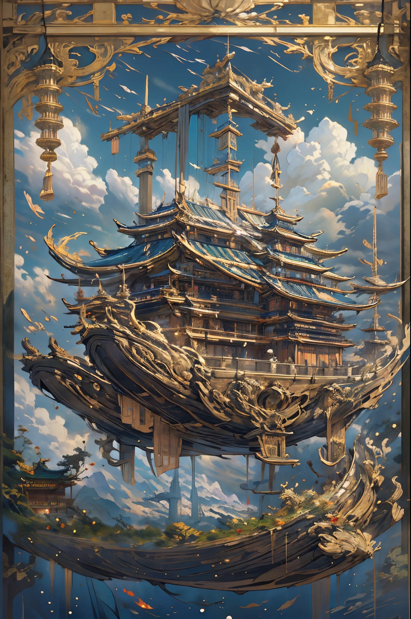 Asian style boat floating in the clouds, complex architectural style, Metal etherification, James' House, Interesting and complex,Boat, ships, fanciful, the space, archaic, das boot, Artistically, Featuring a realistic and ultra-detailed rendering style, northern china's terrain, celestialpunk, Intricately detailed architecture, Contemporary metallurgy, Surreal detailed, Rich in layers,A huge ancient ship floats on the surface of the sky, Cheng Yanjun style, Detailed world architecture, Turn on RTX,Asian style boat flies over mountain peaks, Sci-fi Baroque style, well-built，Accurate, Interlocking structure, celestialpunk, Traincore, Impressive skies, Kushan Empire,Deep background，hoang lap，marvelous and unbelievable，Epic work，(Complicated details，hyper-detailing:1.2)，ultra real photo, Epic reality, ((com cores neutras)),(pastel colour:1.2), hyper realisitc, + Cinema lenses + dynamic compositions, The is very detailed, Sharpen, Cinematic, warmly lit, Light effect, Dramatic light, (Complicated details:1.1), the complex background, (greg rutkovsky:0.8),