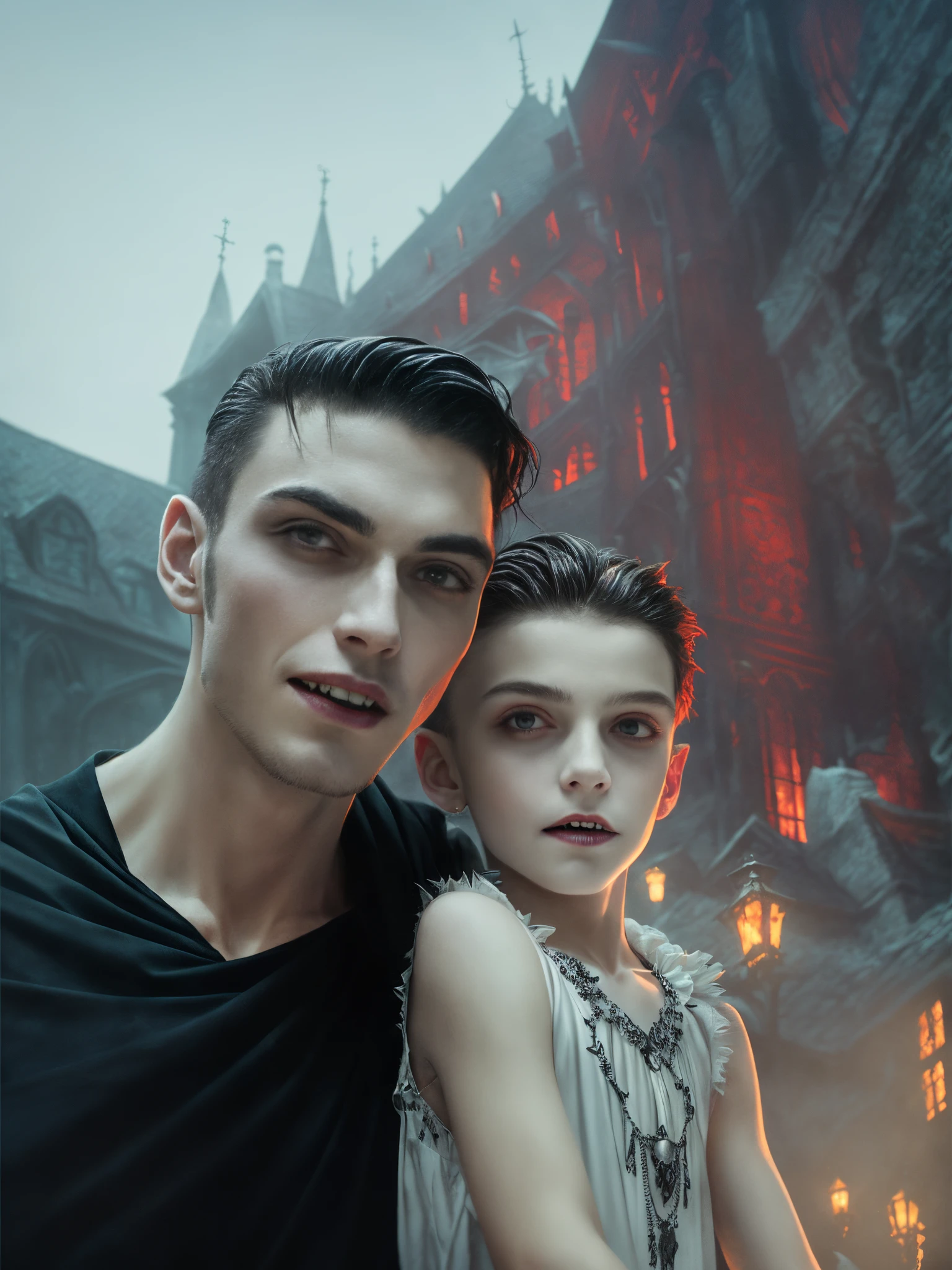 there is a man and a boy that are standing together,(masterpiece),(vampire),sharp fangs, (unrivalled quality:1.4), ultra-high resolution,hyperrealistic, dark fantasy portrait, (sharp focus:1.1), photo of a vampire,gothic horror vibes, Guweiz-style art, dark fantasy mixed with realism, gothic aesthetic, gothic art style,