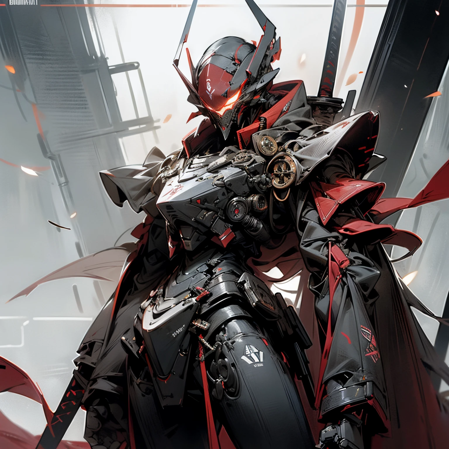 Up in the rafters, (holding a big sword), long pointy head, ready to pounce, red and black color scheme, military design, mil-spec, angular frame, five eyes, long head, standing confidently, menacing, big body, strong, ROBOT