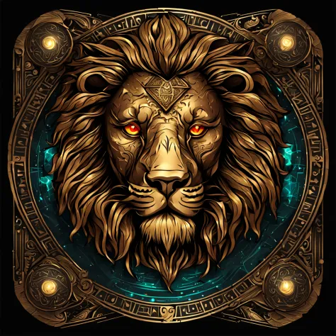 Lion head made of bronze with glowing eyes, In Tarot Card Art style
