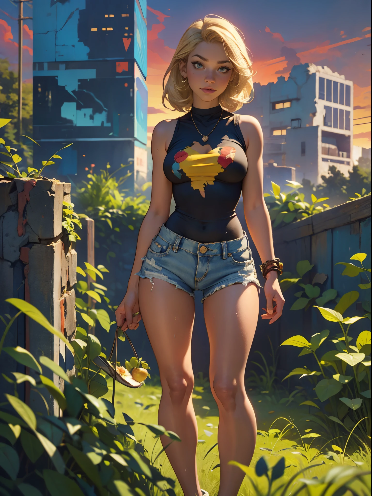 2076 year. The Urban Ruins of the Wasteland, Female huntress picking fruit in the garden, beautiful face, blonde, badly torn shirt and denim shorts ,  long legs, sweating through, sun rising, Nice warm colors, head to toe, full body shot, pretty hands, perfect fingers,