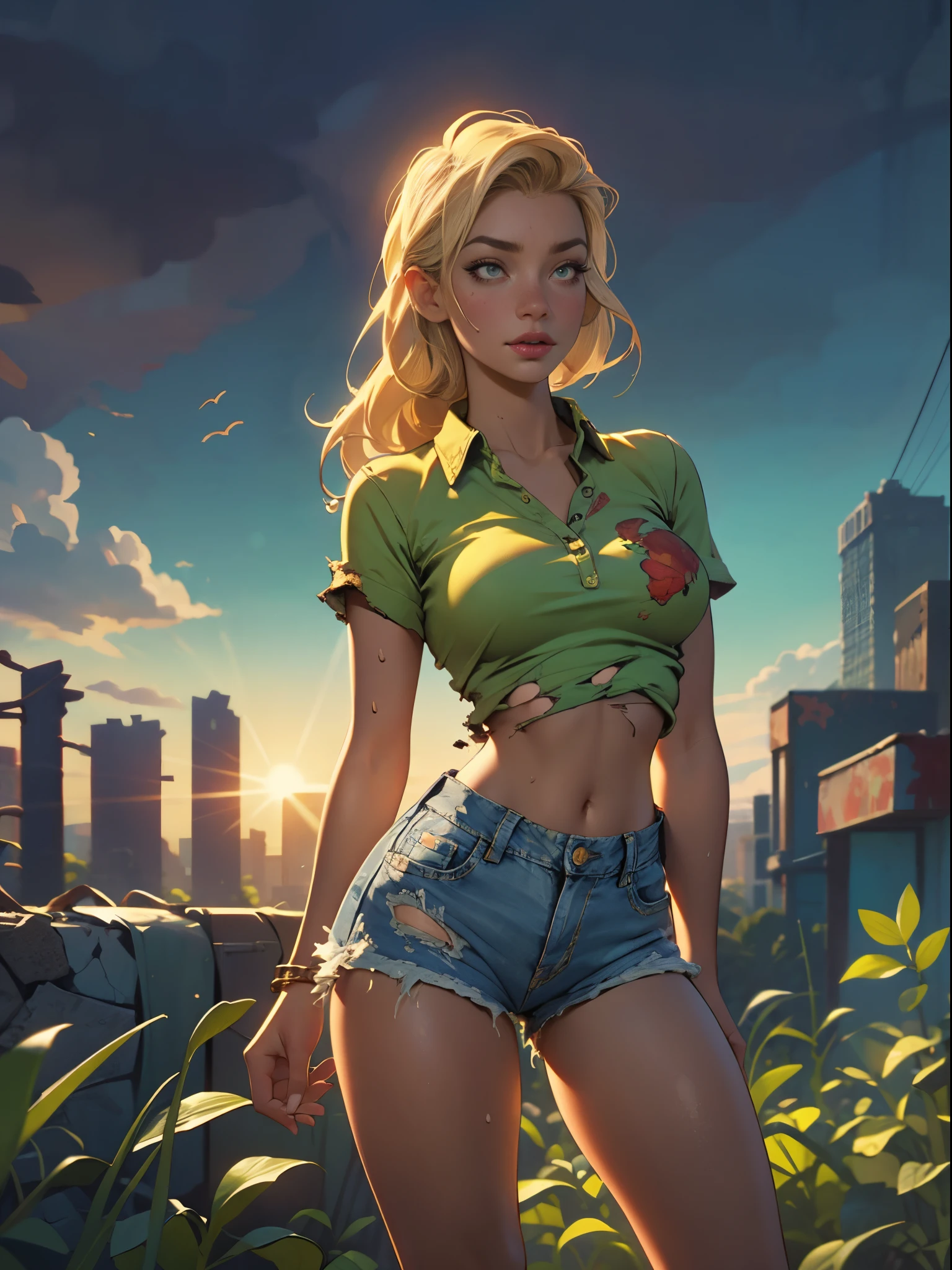 2076 year. The Urban Ruins of the Wasteland, Female huntress picking fruit in the garden, beautiful face, blonde, badly torn shirt and denim shorts ,  long legs, sweating through, sun rising, Nice warm colors, head to toe, full body shot, pretty hands, perfect fingers,