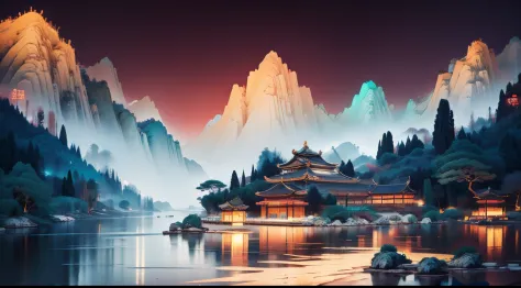 Ancient Chinese scenery under neon lights