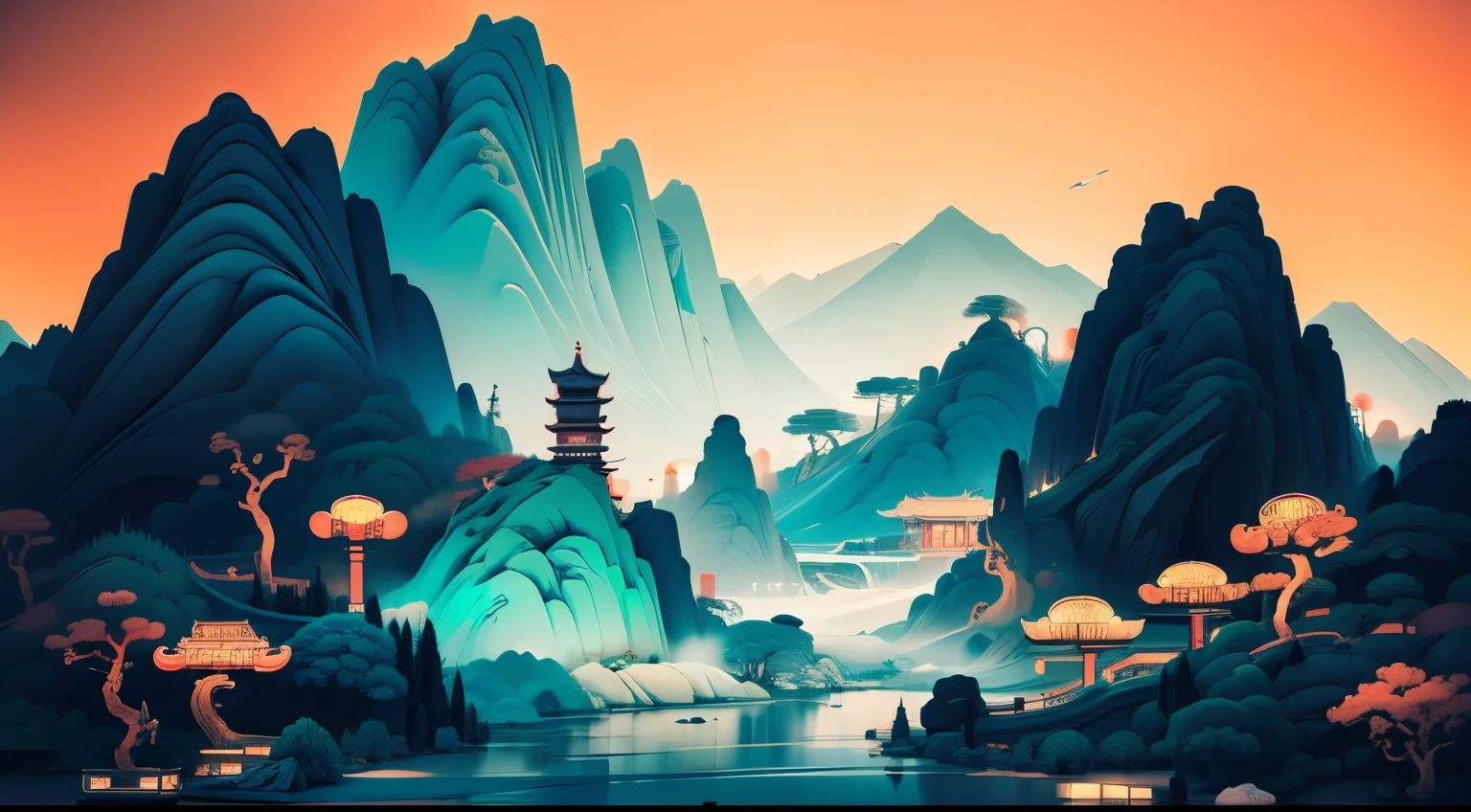 Paisagem chinesa antiga sob luzes de néon