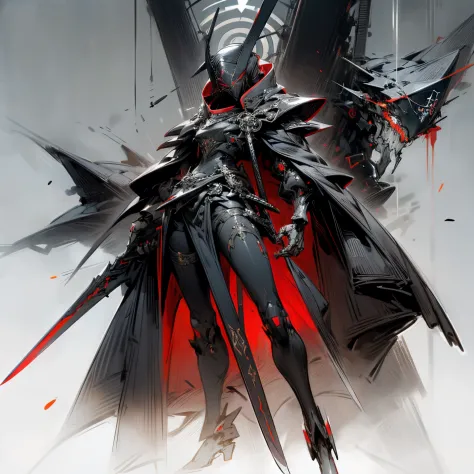 (holding a big sword), long pointy head, red and black color scheme, military design, mil-spec, angular frame, five eyes, long h...