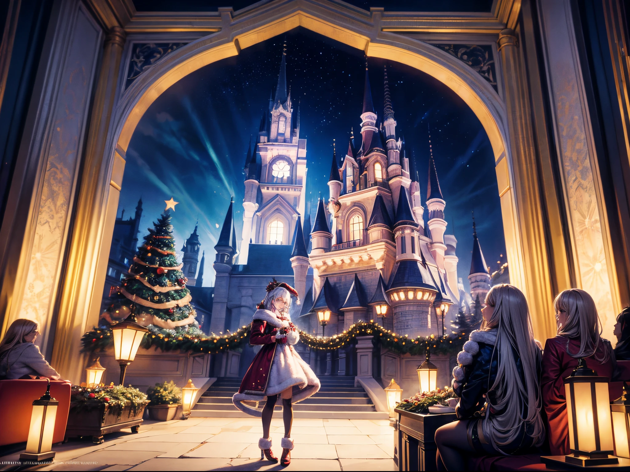 Envision a festive setting where AI-generated music creates a magical Christmas atmosphere, blending traditional holiday elements with a futuristic twist inspired by the imaginative style of artist Tim Burton.